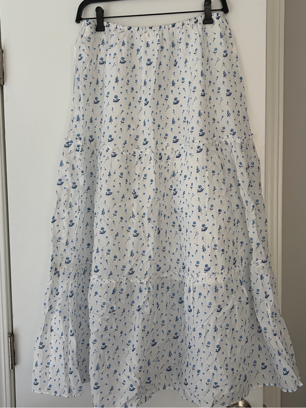 White and Blue Floral Tiered Maxi Skirt